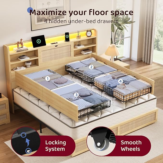 King Size Rattan Bed Frame with 4 Storage Drawers and Hidden Storage Headboard Wooden Platform Bed Frame with LED Lights and Charging Station, No Box Spring Needed, Easy Assembly, Natural