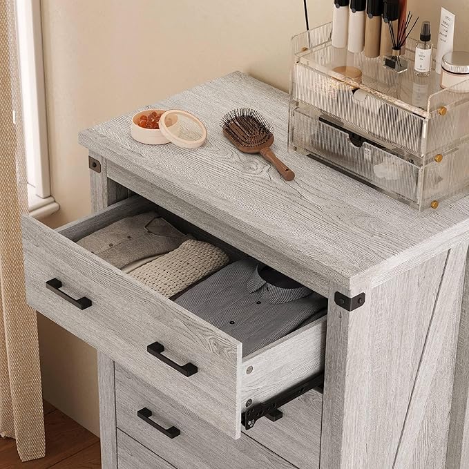 LINSY HOME Farmhouse 5 Drawer Dresser for Bedroom, 46” Tall Rustic Wood Chest with Deep Drawers, Modern Dressers with Spacious Storage and Metal Handles for Closet, Living Room, Hallway, Wash Grey