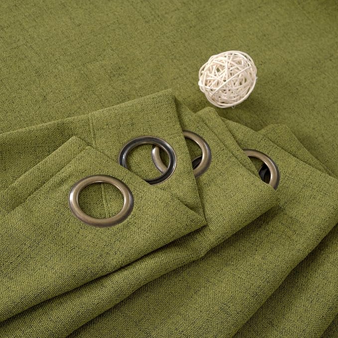 YoungsTex Olive Green Linen Curtains 45 Inches Length Textured Short Window Drapes Light Filtering with Bronze Grommet for Kitchen Bedroom Cafe Decorative, 42 x 45 Inch, 2 Panels