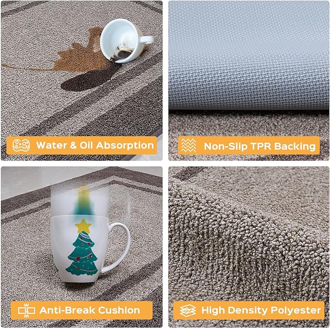 Kitchen Rugs Set (24" x 36"+24" x 60"), Non-Slip Machine Washable Kitchen Runner Rugs Floor Mats, Absorbent Comfort Standing Mats for Kitchen, Sink and Hallway, Rolled Packaging, Beige & Grayish Brown