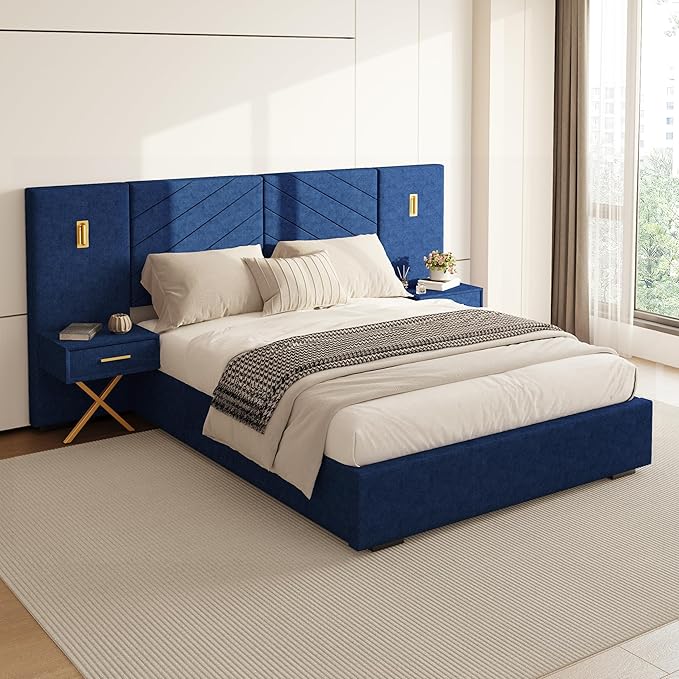 DEINPPA Luxury Queen Bed Frame with Built-in Gold LED Lights and Nightstands, Queen Size Platform Bed with Oversize Upholstered Headboard, No Box Spring Needed-Royal Blue