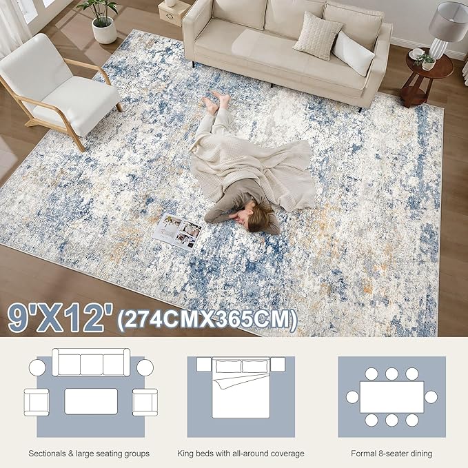 Area Rug Living Room Rugs - 9x12 Abstract Large Soft Indoor Washable Rug Neutral Modern Low Pile Carpet for Bedroom Dining Room Farmhouse Home Office - Blue
