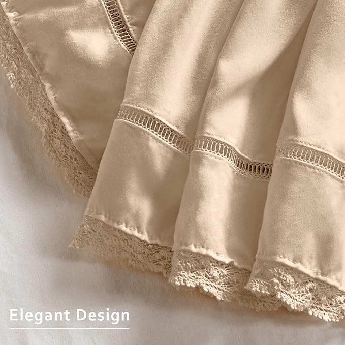 MIYE Wrap Around Ruffled Lace Bed Skirt, Elastic Dust Ruffle with Adjustable Belts, Easy to Put On, Bed Frame Cover, Machine Washable (Floral Lace/Beige, Full/Twin-18 Drop)