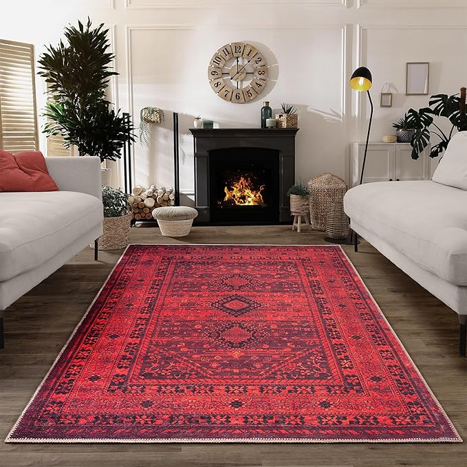 Bloom Rugs Washable Non-Slip 9' x 12' Rug - Red Traditional Bordered Area Rug for Living Room, Bedroom, Dining Room, and Kitchen - Exact Size: 9' x 12'