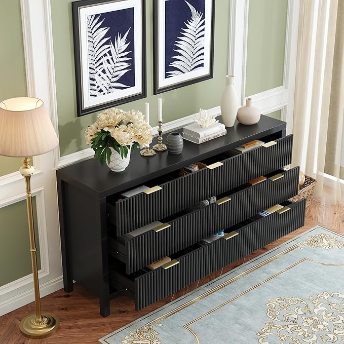 Modern Chest of Drawers with 9 Drawers, Modern Chest of Drawers for Closet, Large Storage Cabinet with Solid Natural Wood Legs for Living Room, Bedroom,Hallway, Black Oak