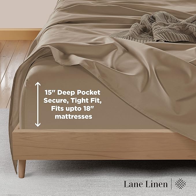 LANE LINEN 600 Thread Count 100% Cotton Sheets California King Size, Machine Washable Fully Elasticized Sofy & Comfy Low Pilling Cal Kings Sheets, Fade Resistant, Reinforced Fitted Pockets- Taupe