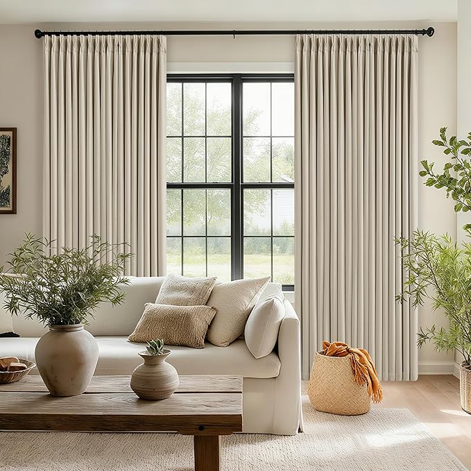 105 Inch Blackout Pleated Curtains for Bedroom Living Room Darkening Linen Textured Pinch Pleat 100% Black Out Thermal Insulated Window Drapes Double Layer Soundproof Curtains 2 Panels Oatmeal Beige