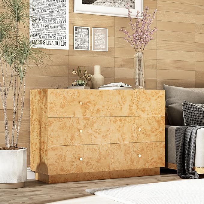 Modern 6 Drawer Dresser with Burl Finish, Wide Wood Chest of Drawers Clothes Organizer, Stylish Large Storage Cabinet for Bedroom or Entryway