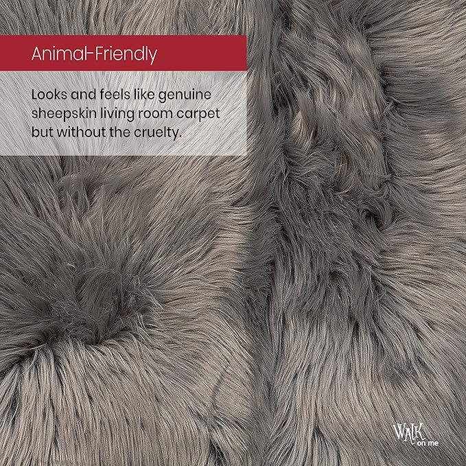 Walk on Me Gray Faux Fur Sheepskin Rug: Ultra Soft, Super Thick, Fluffy 2x3 Feet Pelt for Living Room, Bedroom, or Office, Acrylic, Latex, Non-Slip