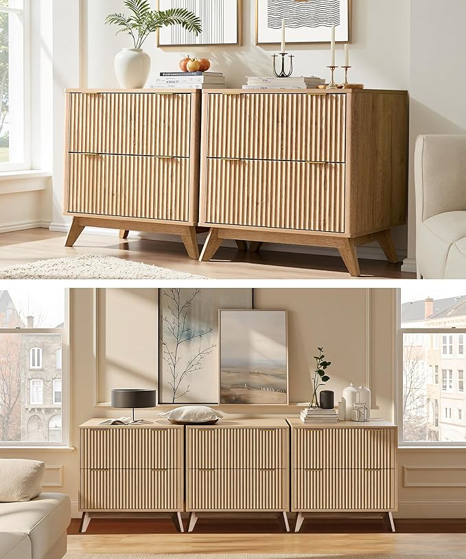 T4TREAM Modern Fluted Wood Night Stand, 30" Tall Bedside Table with 2 Drawers & Large Tabletop, Side Tables Bedroom, End Table for Living Room, Natural Oak