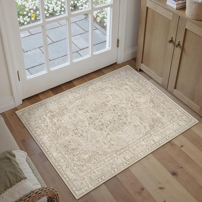 Brown 2x3 Area Rug Washable Vintage Small Carpet for Entryway Kitchen Soft Retro Floral Low Pile Thin Door Mat Non Slip Central Medallion Throw Rug for Bathroom Office Bedroom Dining Room