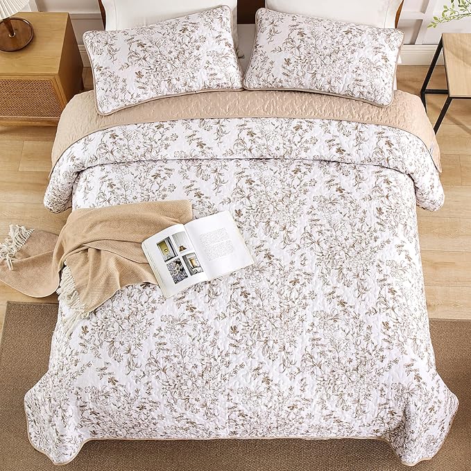 WONGS BEDDING California King Quilt Sets, Brown Quilt Bedding Set with 2 Pillowcases, Botanical Quilt for Cal King Bed, Soft Microfiber Lightweight Coverlet Bedspread for All Season (112"×96")