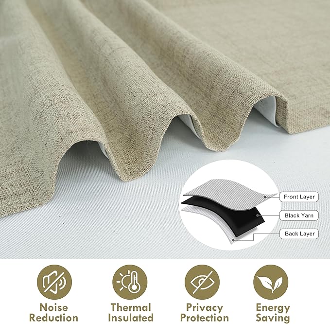 DriftAway Double Layer Linen Blackout Tie Up Curtains Thermal Insulated Fully Lined Balloon Roman Shade Bathroom Window Adjustable Rod Pocket for Small Window 45 Inch by 63 Inch Light Khaki Linen