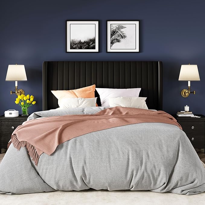 Allewie Queen Size Velvet Bed Frame/Vertical Channel Tufted Wingback Headboard/Upholstered Platform Bed/Strong Wooden Slats/No Box Spring Needed/Easy Assembly/Black