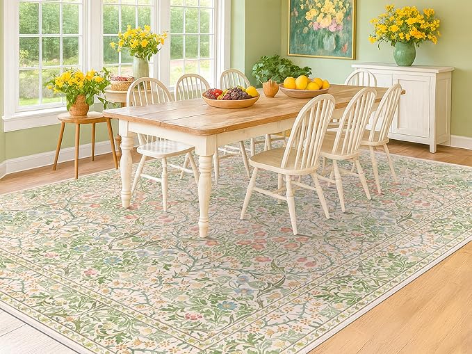 Light Beige Green Area Rugs for Dining Room, 6x9 Washable Area Rug for Bedroom, Living Room, Nursery Room, Kids Play Room, Low Pile Non-Slip - Vintage Design & Stain Resistance