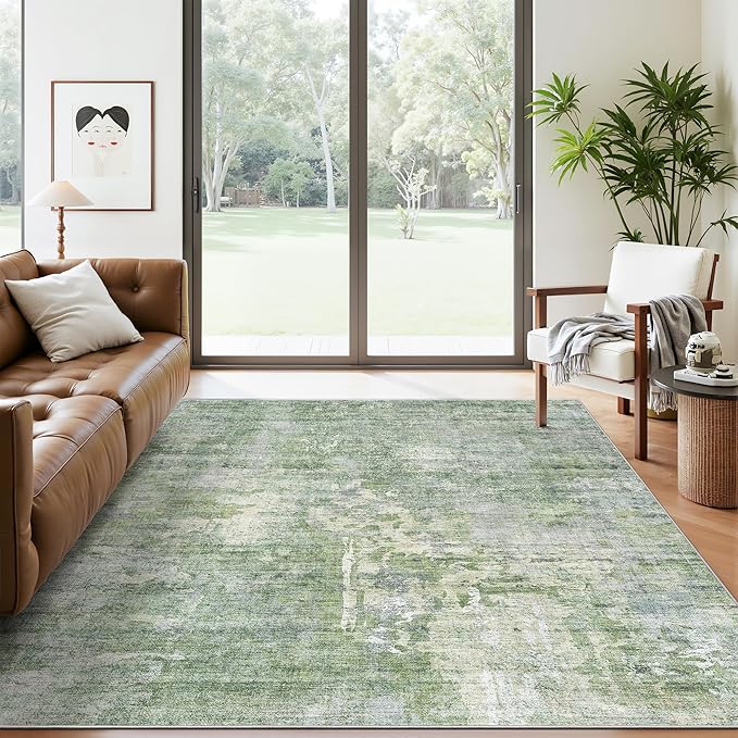 Area Rug 6x9 Abstract Rugs for Living Room 6 x 9 Washable Rugs Green Non Slip Low Pile Rugs for Bedroom Dining Room Foldable Thin
