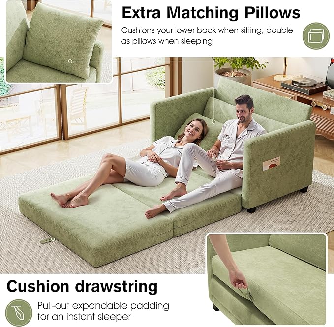 51" Loveseat Sleeper Sofa Bed, Chenille Convertible Floor Sofa Bed for Small Spaces, Folding Couch Bed with Deep Seat, 2 Pillows & Solid Frame, Pull Out Couch for Living Room, Light Green