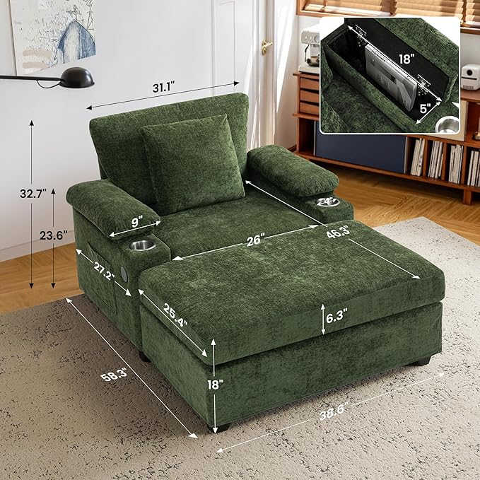 SUNWAVE 58" Chaise Lounge Chair with Ottoman, Chenille Fabric Sofa Bed, Accent Chair with Cupholders & USB Charging Ports for Living Room, Bedroom, Apartment (1 Chaise Forest Green)