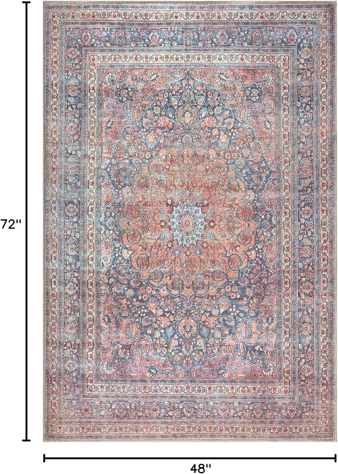 Bloom Rugs Washable Non-Slip 4' x 6' Rug - Multicolor Traditional Medallion Area Rug for Living Room, Bedroom, Dining Room, and Kitchen - Exact Size: 4' x 6'