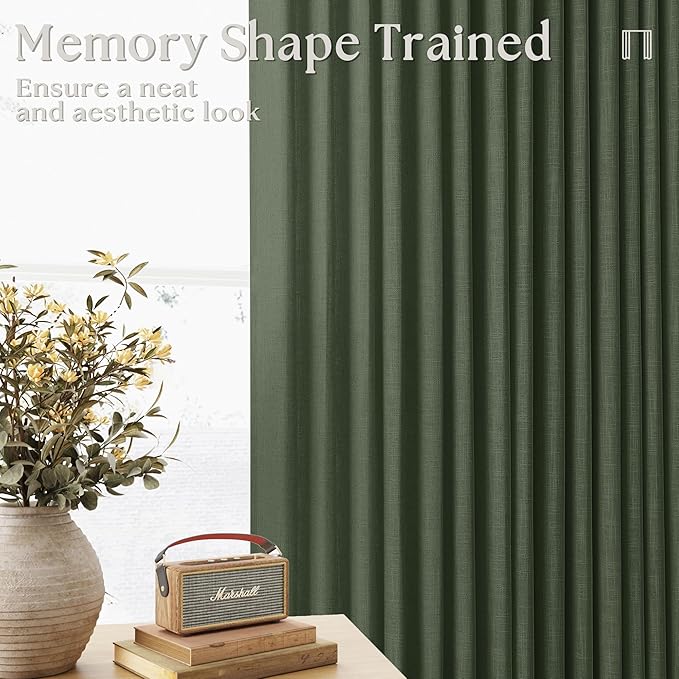 80 Inches Long Olive Green Linen Curtains for Living Room Pinch Pleat Hooks for Living Room Back Tab Thick Linen Textured Pleated Drapes Light Filtering Loden Bedroom Window Curtains 80 Inch Length