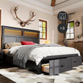 53" Tall King Bed Frame with Headboard and Storage, 2 Drawers and LED Built in Charging Station Bed Frame King Size with Farmhouse Roman Column Decoration,No Box Spring Needed (Black)