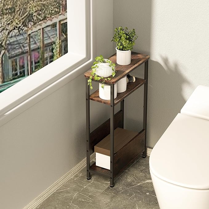 THUMEYE 7.1" Narrow Side Table for Small Spaces, 3 Tier Small End Table with Magazine Holder, Slim/Skinny Nightstand/Bedside Table for Living Room, Bedroom, 15.4" L x 24.2" H