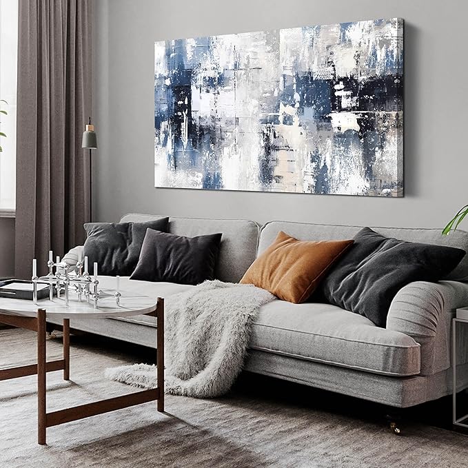 Prepeyssee White and Blue Abstract Canvas Wall Art for Living Room Bedroom Home Office Large Modern Grey Abstract Canvas Prints Picture Ready to Hang Size 24x48