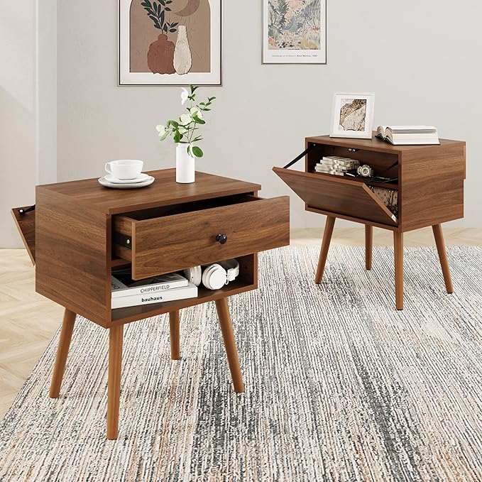 Hidden Compartment Night Stand Set 2, Mid Century Modern Concealment Furniture, End Table with Storage Drawer, Bedside Table with Wood Legs for Bedroom (2,Walnut)
