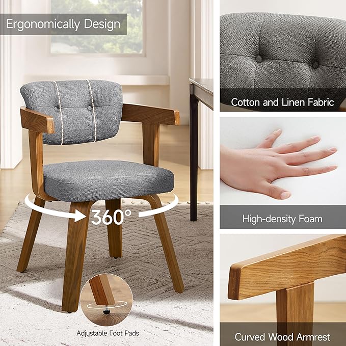 Art Leon Mid Century Modern Dining Chairs - Set of 2 Comfy Fabric Upholstered Dining Chairs, Home Office Chair No Wheels, Accent Arm Chair with Wood Legs for Kitchen Living Room Bedroom, Gray/Walnut