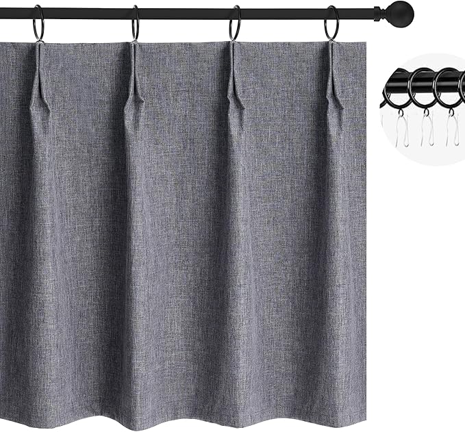 WdFour 24x18 Inch Pinch Pleated Blackout Cafe Curtains - Pack of 2, 100% Light Blocking Back Tab Drapes for Half Windows, Kitchen & Bathroom Short Curtains in Dark Gray