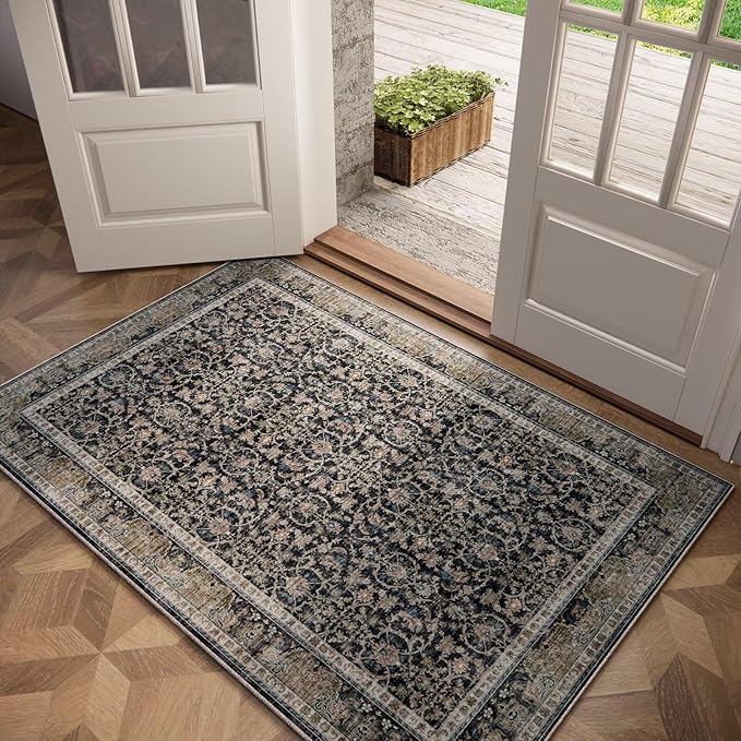 Washable 2x3 Entryway Rug, Boho Non-Slip Door Mat Vintage Distress Small Rugs for Kitchen Nursery Office Bedroom, 0.3" Neutral Oriental Throw Carpet with Cushioning Pad, Black/Brown/Blue/Multi