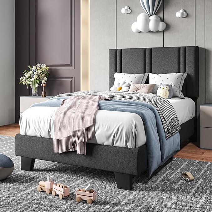 Upholstered Twin Size Bed Frame with Linen Fabric Headboard, Strong Wooden Slats Support, Noise Free, No Box Spring Needed, Dark Grey