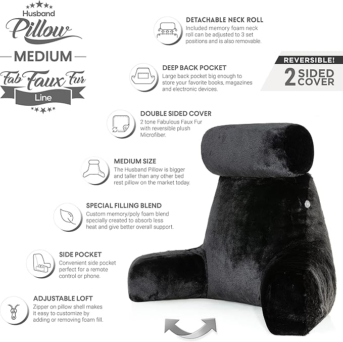 Husband Pillow Medium Limited Baby Black Panther Backrest, 2-Tone Reversible Double Sided Fabulous Faux Fur Reading & Bed Rest Pillow with Arms & Neck Roll, Adjustable Memory Foam - Extremely Comfy
