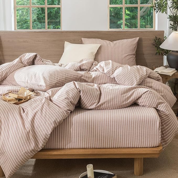 MooMee Striped Duvet Cover Set 100% Washed Cotton Linen Like Textured Breathable Durable Soft Comfy (Orange White Wide Stripes, Super Queen 90"x98")