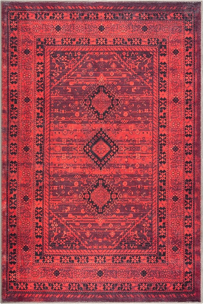 Bloom Rugs Washable Non-Slip 6' x 9' Rug - Red Traditional Bordered Area Rug for Living Room, Bedroom, Dining Room, and Kitchen - Exact Size: 6' x 9'
