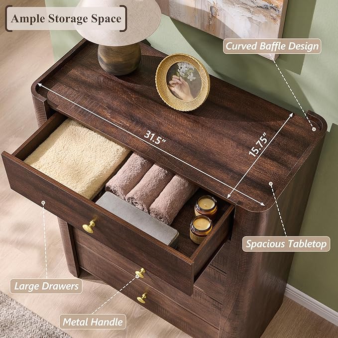 Modern 5 Drawer Dresser for Bedroom, Wooden Chest of Drawers with Curved Profile Design, 39.6" Tall Wood Dresser with Golden Metal Handle for Bedroom, Living Room, Hallway, Brown