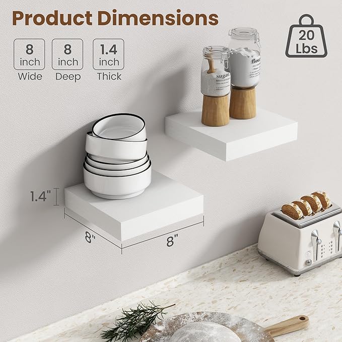 Axeman Square Floating Shelves for Wall, 8" W x 8" D x 1.4" H Rustic Wooden Shelves, 4 Pack Wall Mounted Floating Shelf with Invisible Brackets for Living Room, Bathroom, Kitchen, White Color
