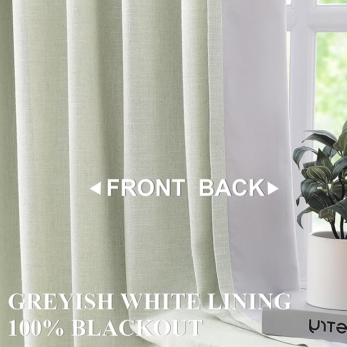 Vision Home Light Green Linen Full Blackout Curtains for Bedroom Living Room Darkening Energy Efficient Window Panels 72 inch Thermal Insulated Rod Pocket Back Tab Linen Drapes 56" Wx72 Lx2