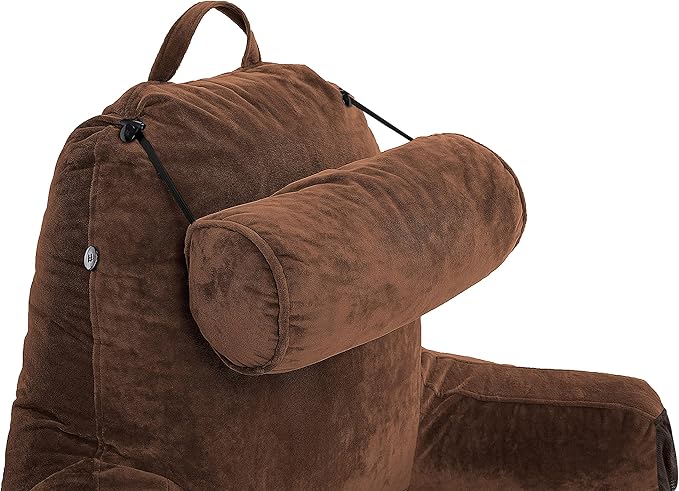 Husband Pillow Medium Chocolate, Backrest for Kids, Teens, Petite Adults - Reading Pillows with Arms, Adjustable Loft, Plush Memory Foam, Bed Rest Chair Sitting Up, Detach Neck Roll, Removable Cover