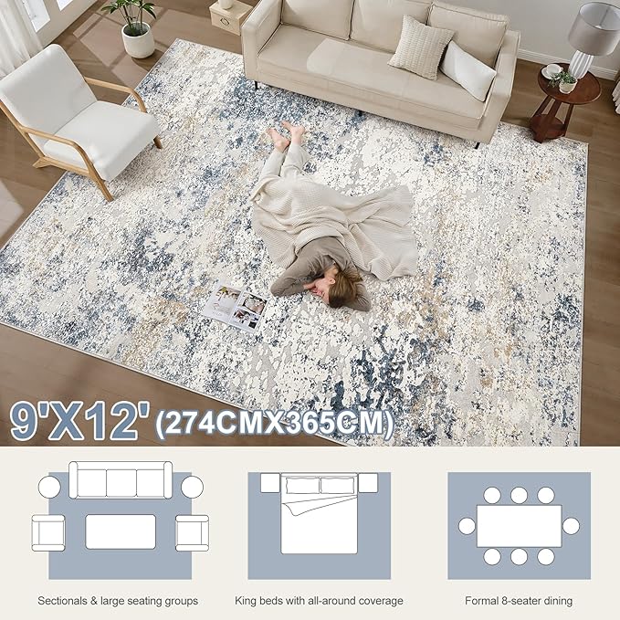 Area Rug Living Room Rugs - 9x12 Abstract Large Soft Indoor Washable Rug Neutral Modern Low Pile Carpet for Bedroom Dining Room Farmhouse Home Office - Beige Blue
