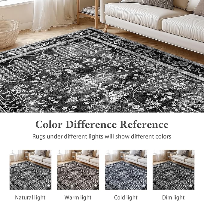 Area Rugs 5x7, Machine Washable Vintage Black Rugs for Living Room Large Carpets Indoor Floor Non Slip Distressed Rug Soft Area Rug for Bedroom Dining Room Home Office | Black