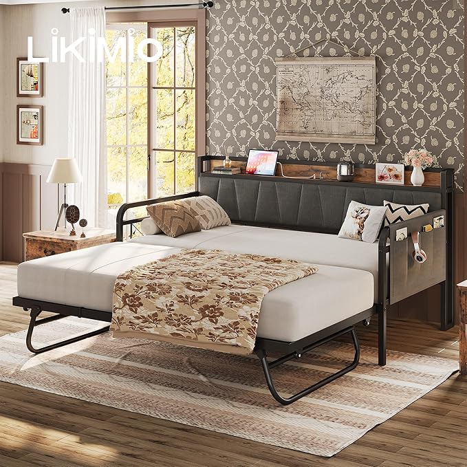 LIKIMIO Daybed with Trundle Bed, Twin Bed Frame with Storage Headboard and Charging Station, Sofa Day Bed with Strong Supports for Living Room, Bedroom, and Guest Room, Grey