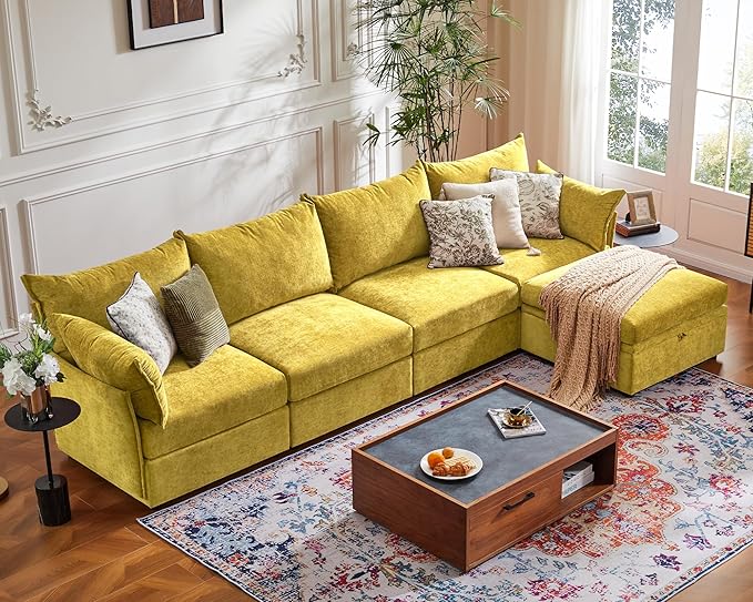 ABCASA 134.6" Luxury Modular Sectional Convertible Sofa with Storage Ottoman, L-Shape 5-Seat Oversized Comfy Couch Deep Seat with Reversible Chaise - Chenille Yellow