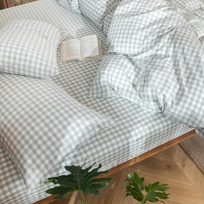 MooMee Gingham Duvet Cover Set 100% Washed Cotton Linen Like Textured Breathable Durable Soft Comfy Modern Checkered Design (Northern Droplet Grey Gingham, King 104"x90")