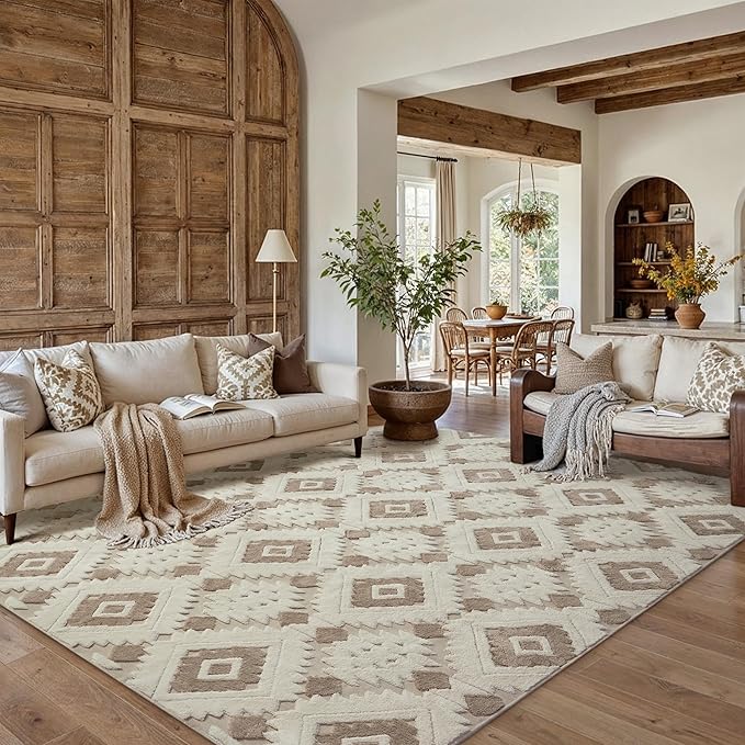 Ivory Brown 6x9 Area Rug Washable Living Room Moroccan Shag Carpet Non Slip Soft Neutral Boho Plush Pile Large Throw Rug for Office Bedroom Dining Room Playroom