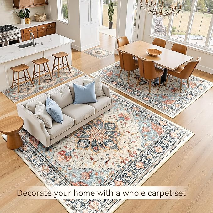 Area Rugs 2'x10' Washable Non-Slip, Floral Vintage Distress Print Pattern Medallion Carpet for Living Room Bedroom Dining Room, Beige Navy Blue Orange Colorful