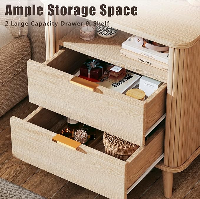 Fluted Nightstand, Night Stand with Charging Station, Mid Century Modern Bedside Table with Drawer & Open Shelf, Curved Profile Design, End Side Table with Storage for Bedroom, Oak