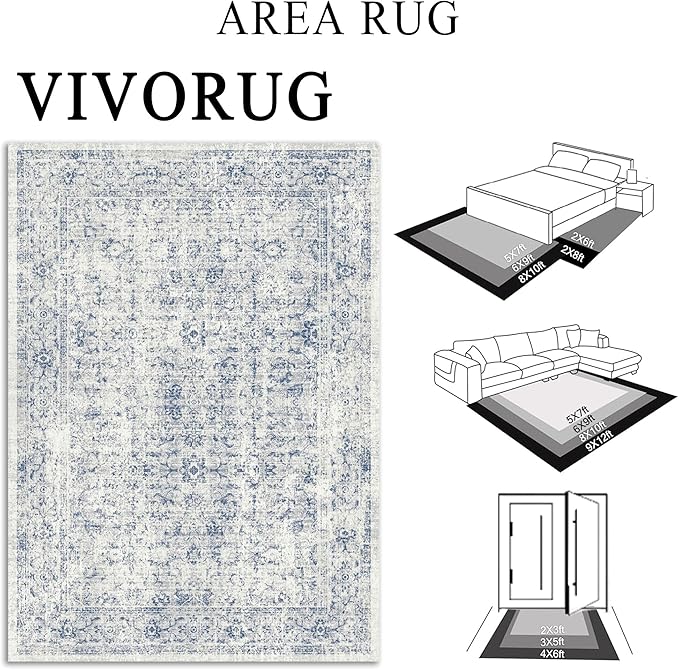vivorug 5x7 Area Rugs - Ultra-Thin Washable Rug with Non-Slip Backing, Ideal for Living Room, Bedroom, Dining Room Indoor - Vintage, Easy Clean, Durable, Low Pile Rug Blue
