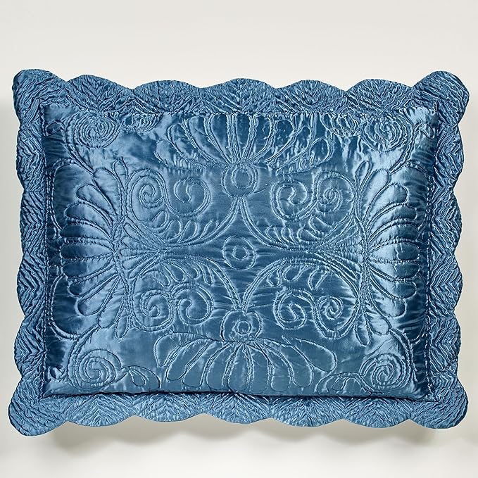 Touch of Class Portia Luxury Bedding | Rich Sapphire Blue | Premier Quilted Polyester Satin | Hand Guided Machine Quilted Scroll Design 3 Piece Set: Cal King Oversized Bedspread & 2 King Shams
