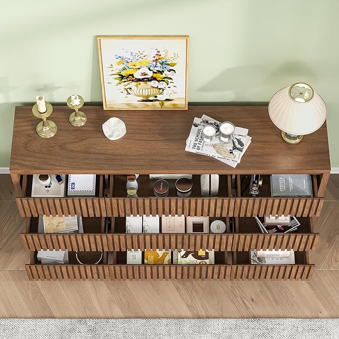 Fluted Long 9 Drawer Dresser, Large Mid Century Dresser for Bedroom, 58" Wide Vintage Chest of Drawers, Wood Closet Clothes Organizer, Walnut TV Stand for Living Room, Wooden, Brown